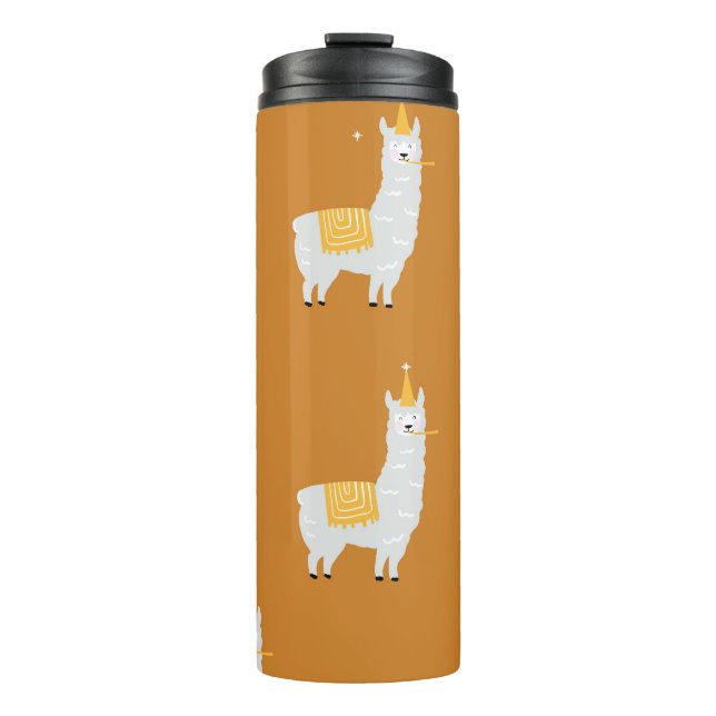 Llama, orange background: birthday pattern. thermal tumbler (Front)