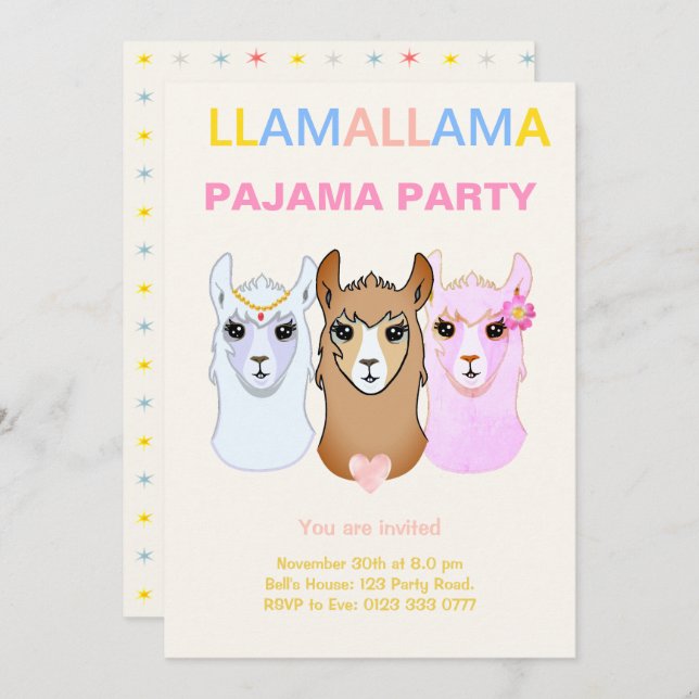 Llama Pajama Party Invitation (Front/Back)