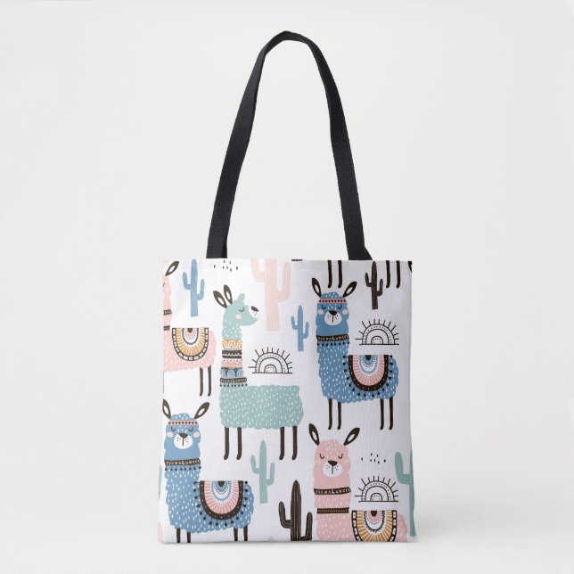 Llama Patterned Tote in Blue, Green & Pink (Front)