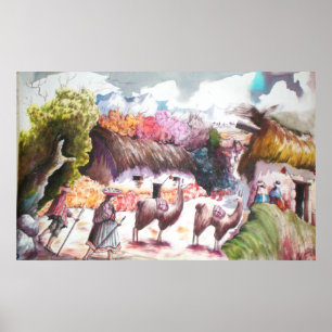 llama picture Peru village Poster