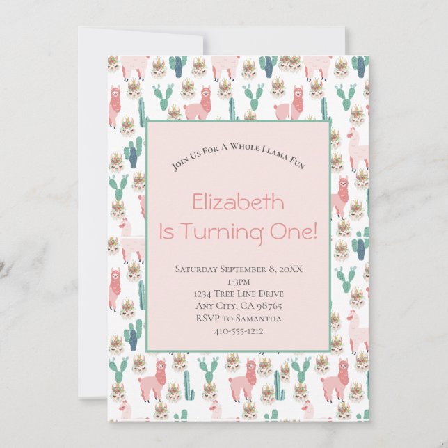 Llama Pink and Green Cactus Cute Kids Birthday  Invitation (Front)