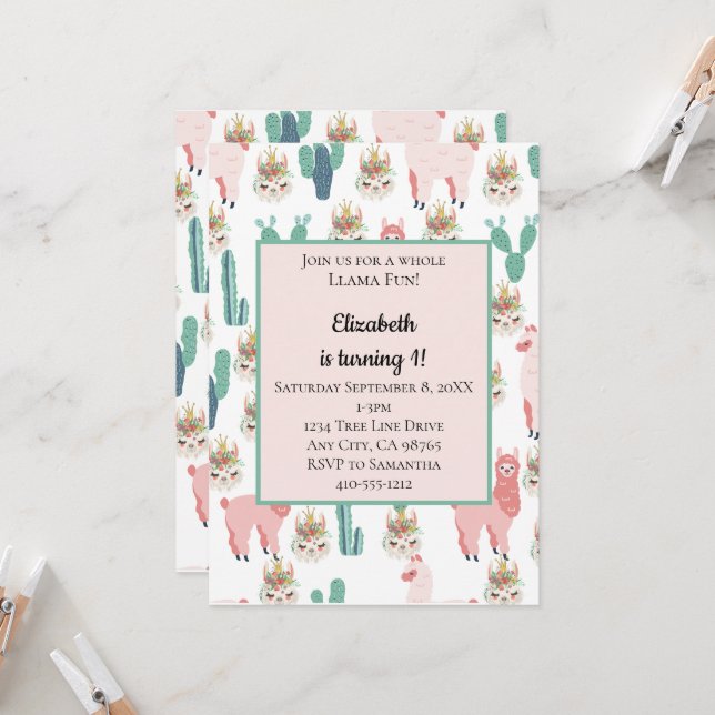 Llama Pink and Green Cactus Cute Kids Birthday Invitation (Front/Back In Situ)