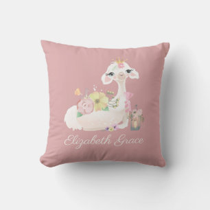 Llama Pink and White with Flowers Girly Cushion