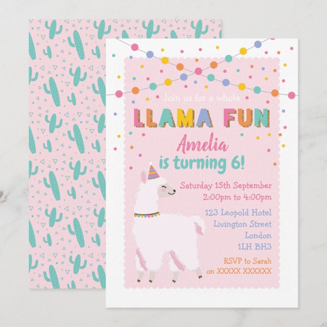 Llama Pink Birthday Party Invitation (Front/Back)