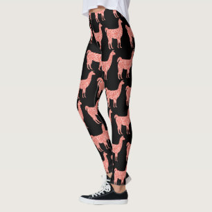 Llama pink coral glitter Sparkles pattern black Leggings