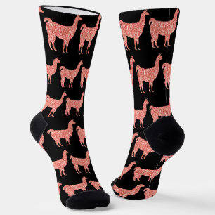 Llama pink coral glitter Sparkles pattern black Socks
