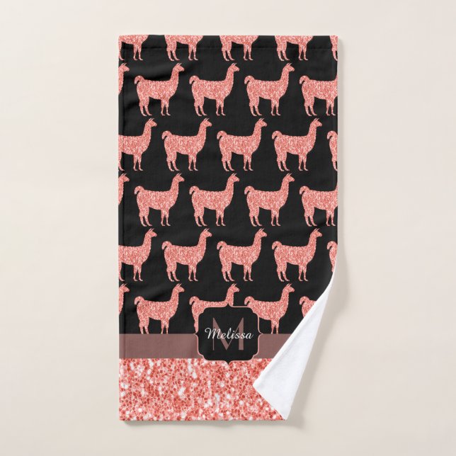 Llama pink coral glitter Sparkles pattern Monogram Bath Towel Set (Hand Towel)