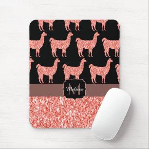 Llama pink coral glitter Sparkles pattern Monogram Mouse Mat