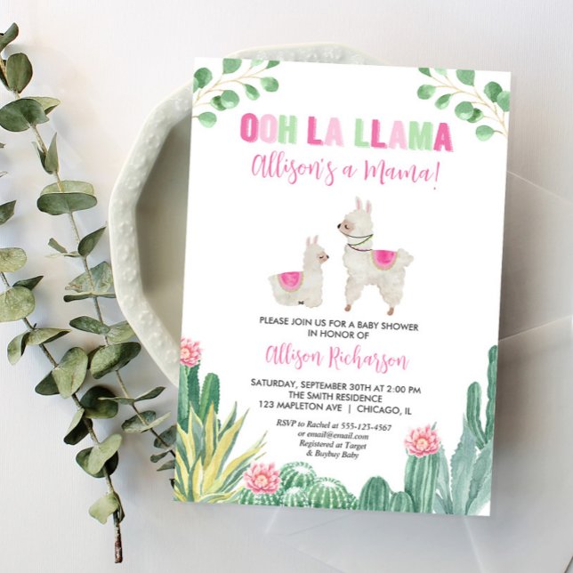 Llama Pink Green Cactus Succulent Girl Baby Shower Invitation (Creator Uploaded)