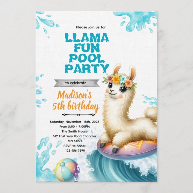 Llama pool party invitation (Front)