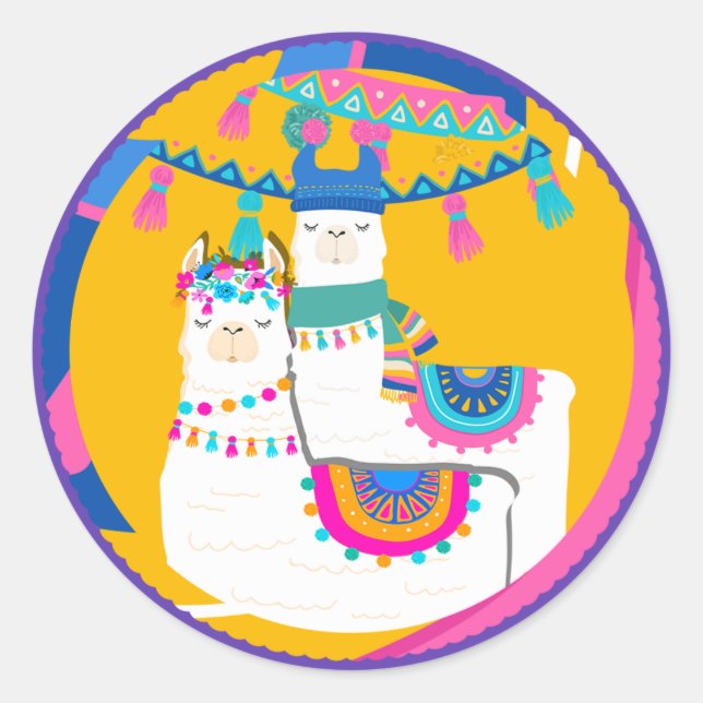 Llama Purple Blue Yellow Colourful Birthday Party Classic Round Sticker (Front)