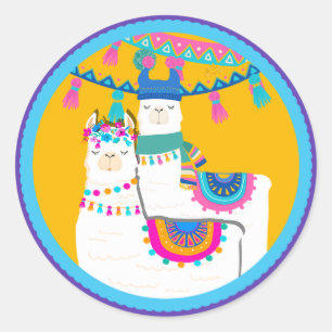 Llama Purple Blue Yellow Colourful Birthday Party Classic Round Sticker