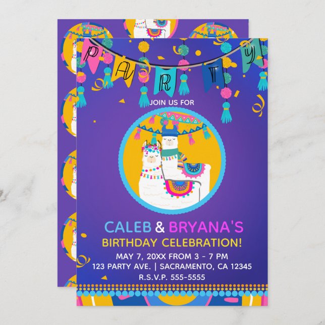 Llama Purple Blue Yellow Colourful Birthday Party Invitation (Front/Back)