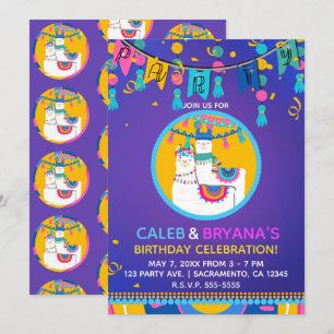 Llama Purple Blue Yellow Colourful Birthday Party Invitation