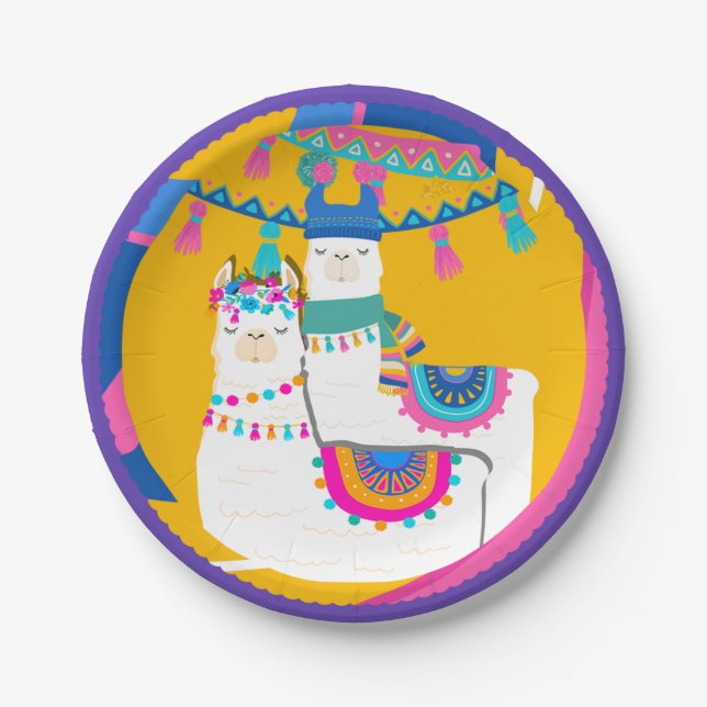 Llama Purple Blue Yellow Colourful Birthday Party Paper Plate (Front)