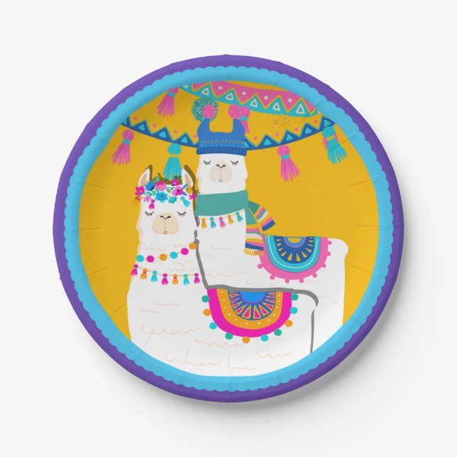 Llama Purple Blue Yellow Colourful Birthday Party Paper Plate (Front)