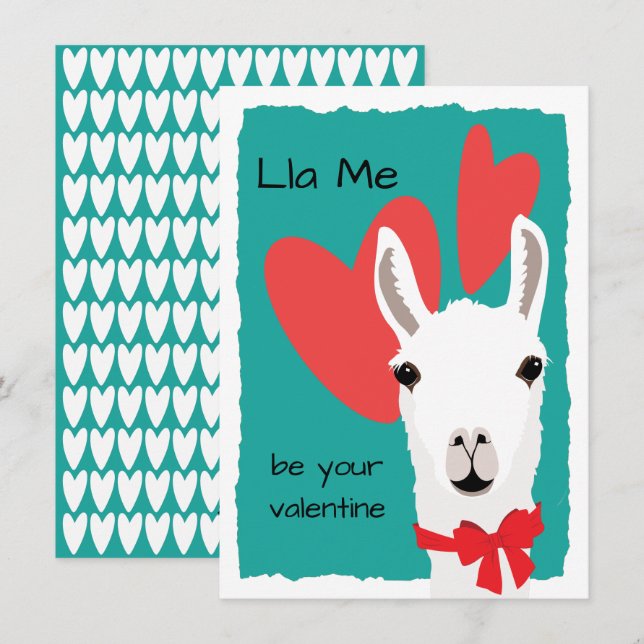 Llama Red Hearts Teal-Lla Me be your valentine Holiday Card (Front/Back)