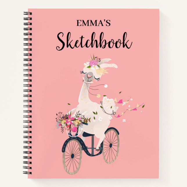 Llama Riding Bicycle Personalised Kids Sketchbook Notebook (Front)