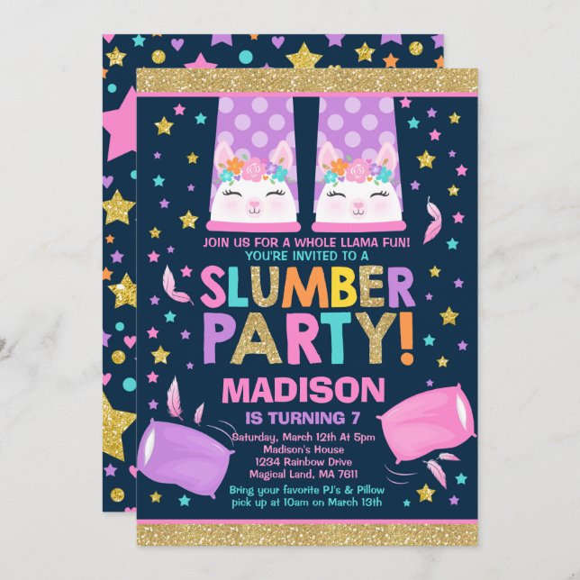 Llama Slumber Party Llama Birthday Invitation (Front/Back)