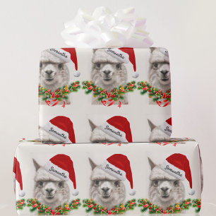 Llama Smiles Santa Hat Custom Name Christmas Wrapping Paper