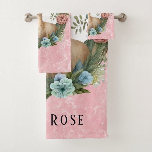 Llama Succulents and Pink Marble Custom Bath Towel Set (Insitu)