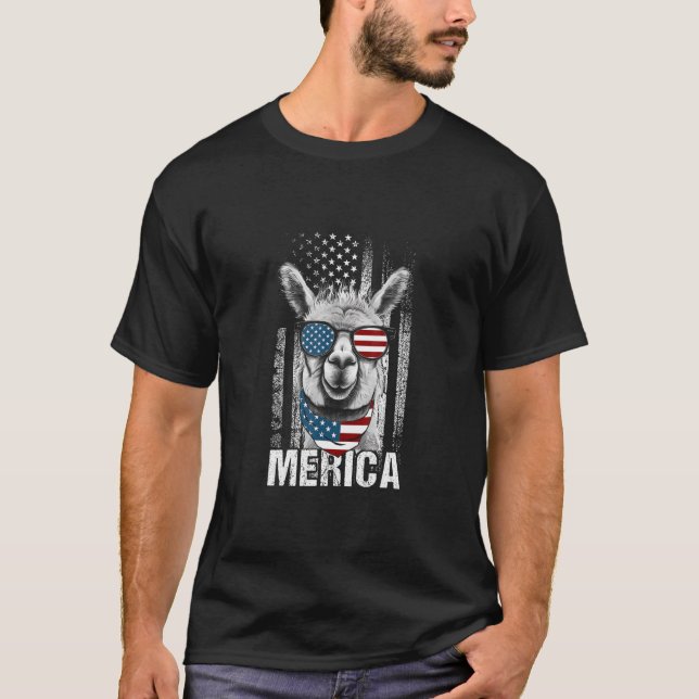 LLama Sunglasses Funny Animal   American Flag Patr T-Shirt (Front)