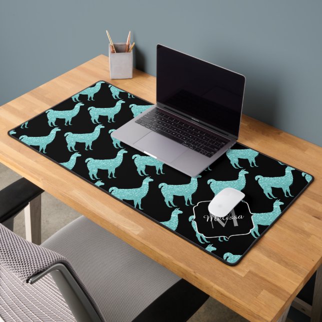 Llama turquoise Sparkles pattern Monogram Desk Mat (Office 2)