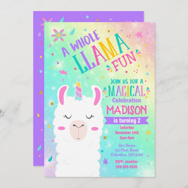 Llama Unicorn Birthday Invitation Magical Party (Front/Back)
