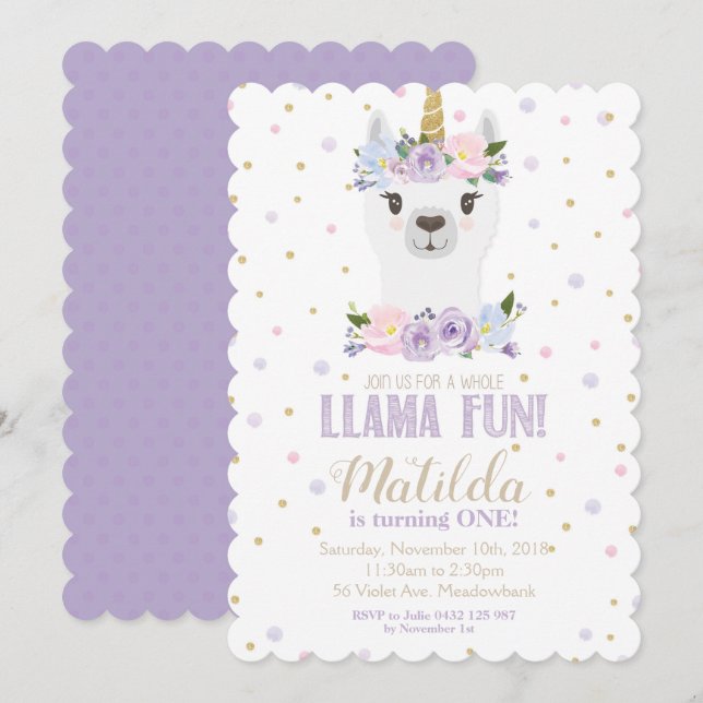 Llama Unicorn Birthday Invitation Purple Floral (Front/Back)
