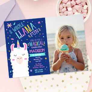 Llama Unicorn Magical Birthday Party Photo Invitation