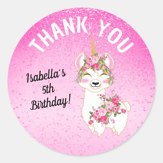Llama Unicorn - Pink - Thank You  Classic Round Sticker (Front)