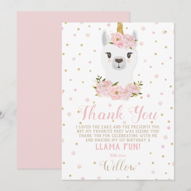 Llama Unicorn Thank You Card Blush Floral Girl (Front/Back)