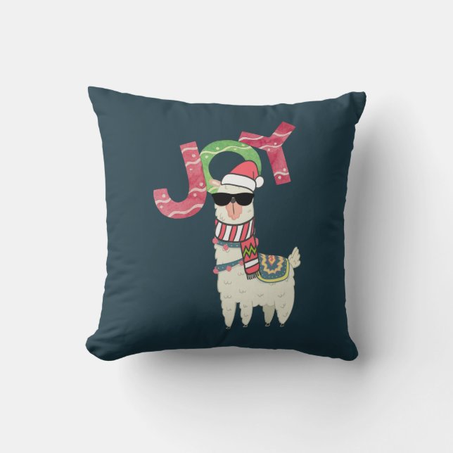 Llama wearing a Santa Hat and Sunglasses Joy Cushion (Front)