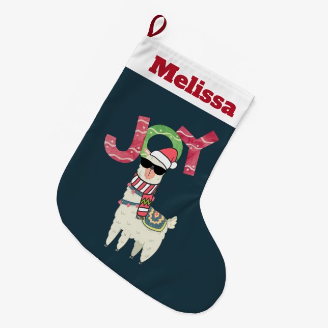 Llama wearing a Santa Hat and Sunglasses Joy Large Christmas Stocking (Front (Hanging))