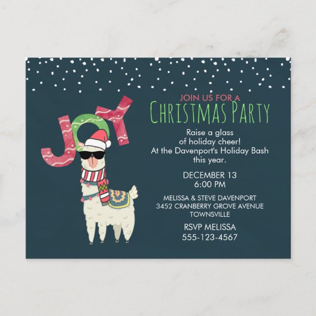 Llama wearing a Santa Hat Christmas Party Invite Postcard (Front)