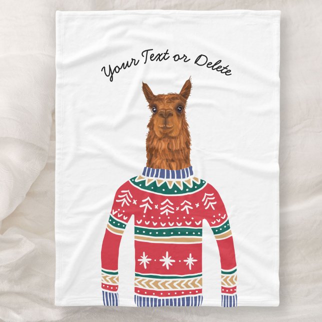 Llama Wearing Funny Ugly Christmas Nordic Sweater Fleece Blanket (Creator Uploaded)