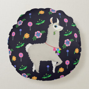 Llama with Flowers Round Cushion