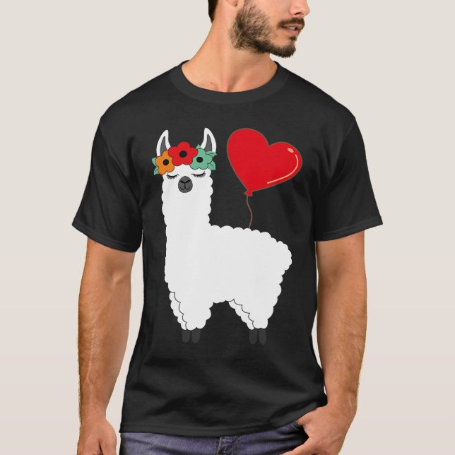 Llama With Heart Balloon Valentines Day Love Boys T-Shirt (Front)