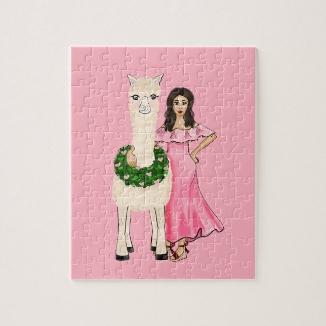 Llama With Heart Wreath and Girl Illustration Jigsaw Puzzle (Vertical)