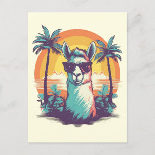 Llama with sunglasses at the beach with palms holiday postcard