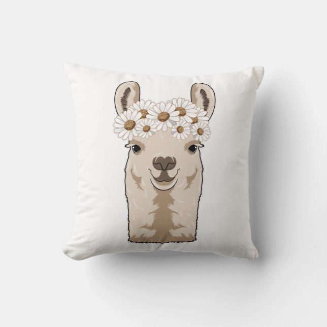 Llama with white Blossoms Cushion (Front)