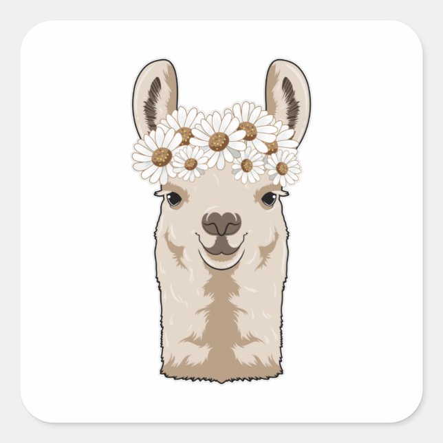Llama with white Blossoms Square Sticker (Front)