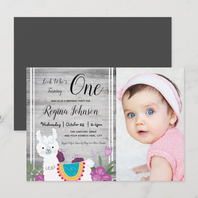 Llama Wooden One Photo 1st Birthday Girly Floral Invitation (Front/Back)