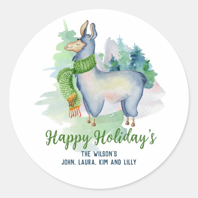 Llama Wreath Watercolor Happy Holidays Custom  Classic Round Sticker (Front)
