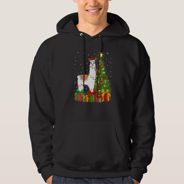 Llama  Xmas Holiday Santa Llama Christmas Tree Hoodie (Front)