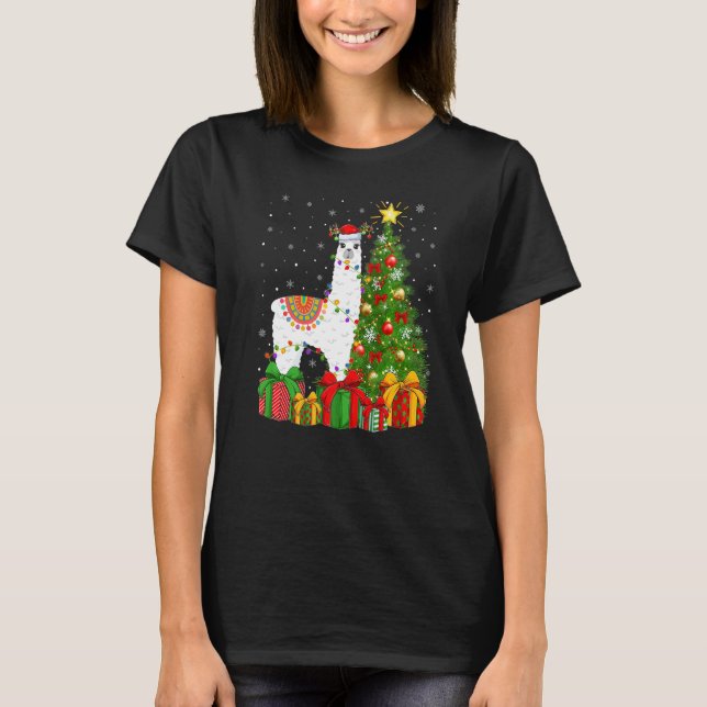 Llama  Xmas Holiday Santa Llama Christmas Tree T-Shirt (Front)