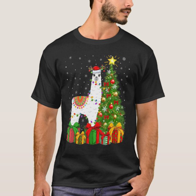 Llama   Xmas Holiday Santa Llama Christmas Tree T-Shirt (Front)