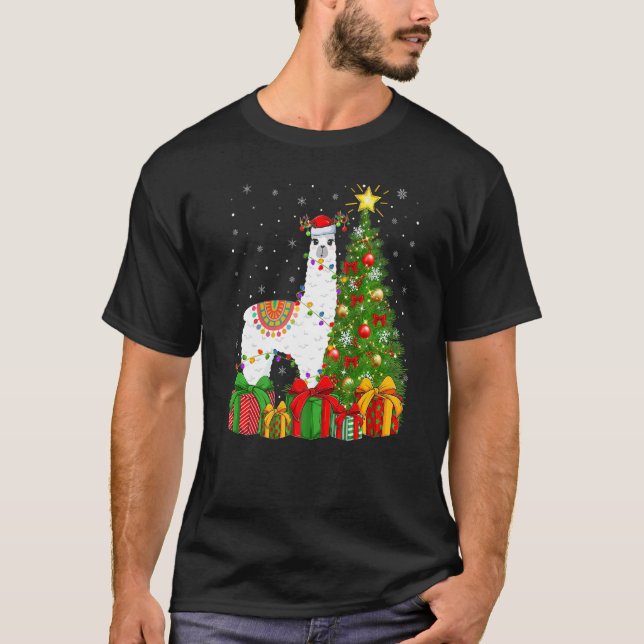 Llama  Xmas Holiday Santa Llama Christmas Tree T-Shirt (Front)