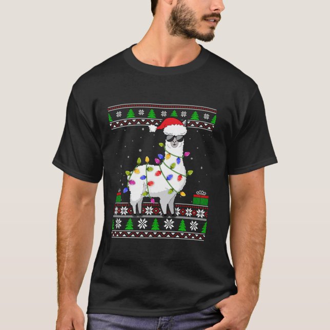 Llama Xmas Lighting Santa Hat Llama Ugly Christmas T-Shirt (Front)