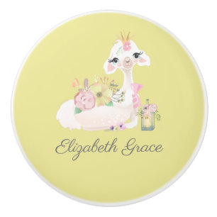Llama Yellow and White with Flowers Baby Ceramic Knob